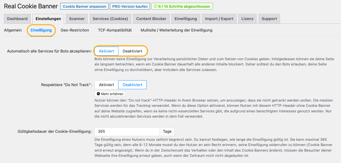 Real Cookie Banner im Plugin Spotlight - die Einwilligungen