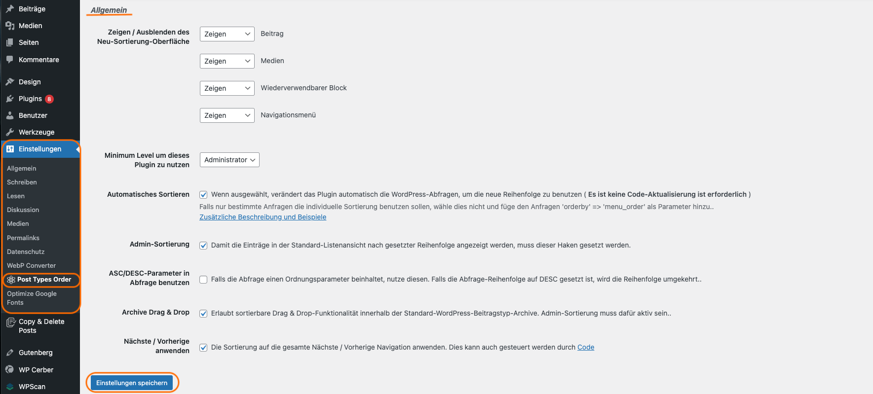 Die Einstellungen des Plugins Post Types Order