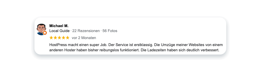 Erstklassige Kundenbewertung von Michael K. an HostPress