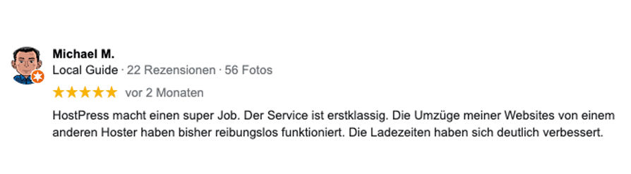 Erstklassige Kundenbewertung von Michael K. an HostPress