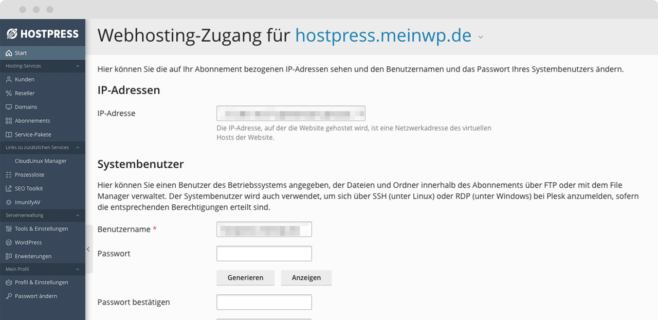 Einrichtung des FTP für Entwickler im ControlPanel Plesk
