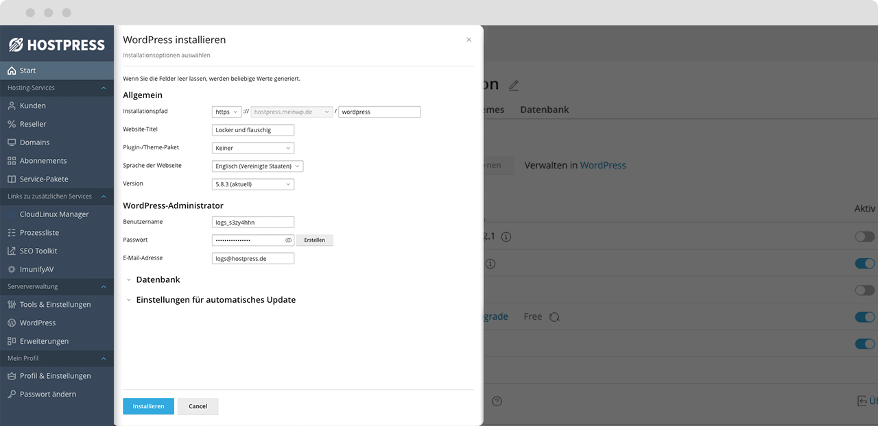 WordPress installieren im ControlPanel Plesk