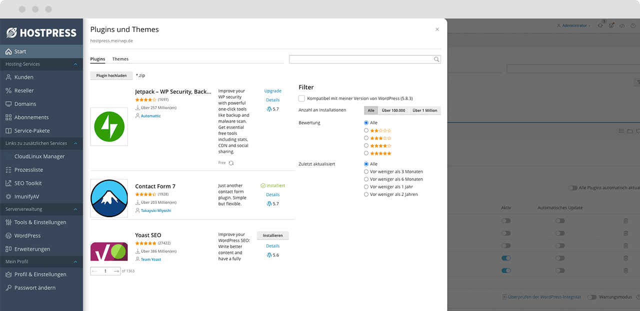 Detaillierte Plugin Auswahl im Toolkit des ControlPanels Plesk