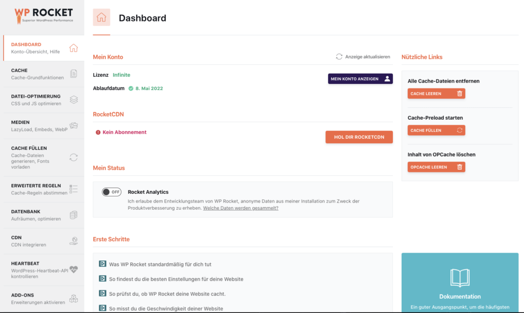 Dashboard des Caching-Tools WP Rocket